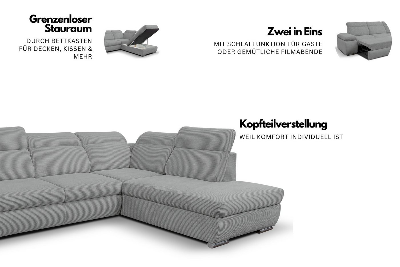 WERK2 Ecksofa Alicante Kopfteilverstellung, Bett & Bettkasten, Cord, L-Form, bequem, Cord, L-Form, XXL, Schlaffunktion, Bettkasten – Bild 3 von 5