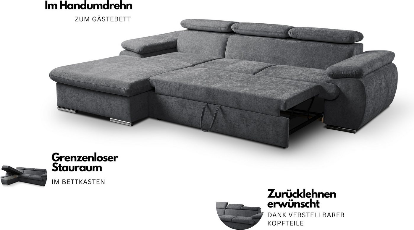 WERK2 Ecksofa Cosmo 282 x 192 cm modern & bequem, Multifunktionen, Bettfunktion, Chenille, L-Form, XXL, Schlaffunktion, Bettkasten – Bild 3 von 5