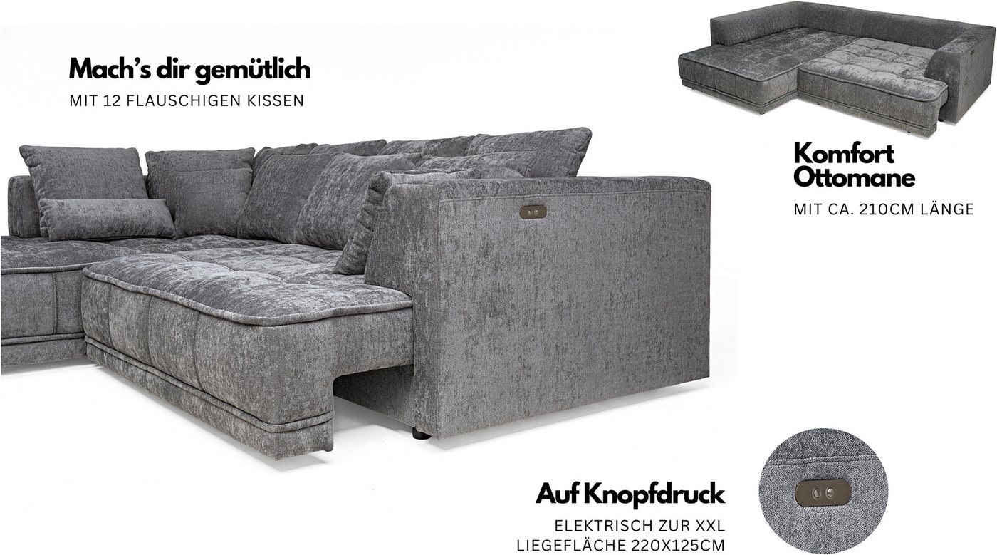 WERK2 Ecksofa Tiga 207 x 286 cm modern & bequem, elektrisch verstellbare Sitztiefe, Struktur weich, L-Form, elektrische Sitztiefenverstellung – Bild 3 von 5
