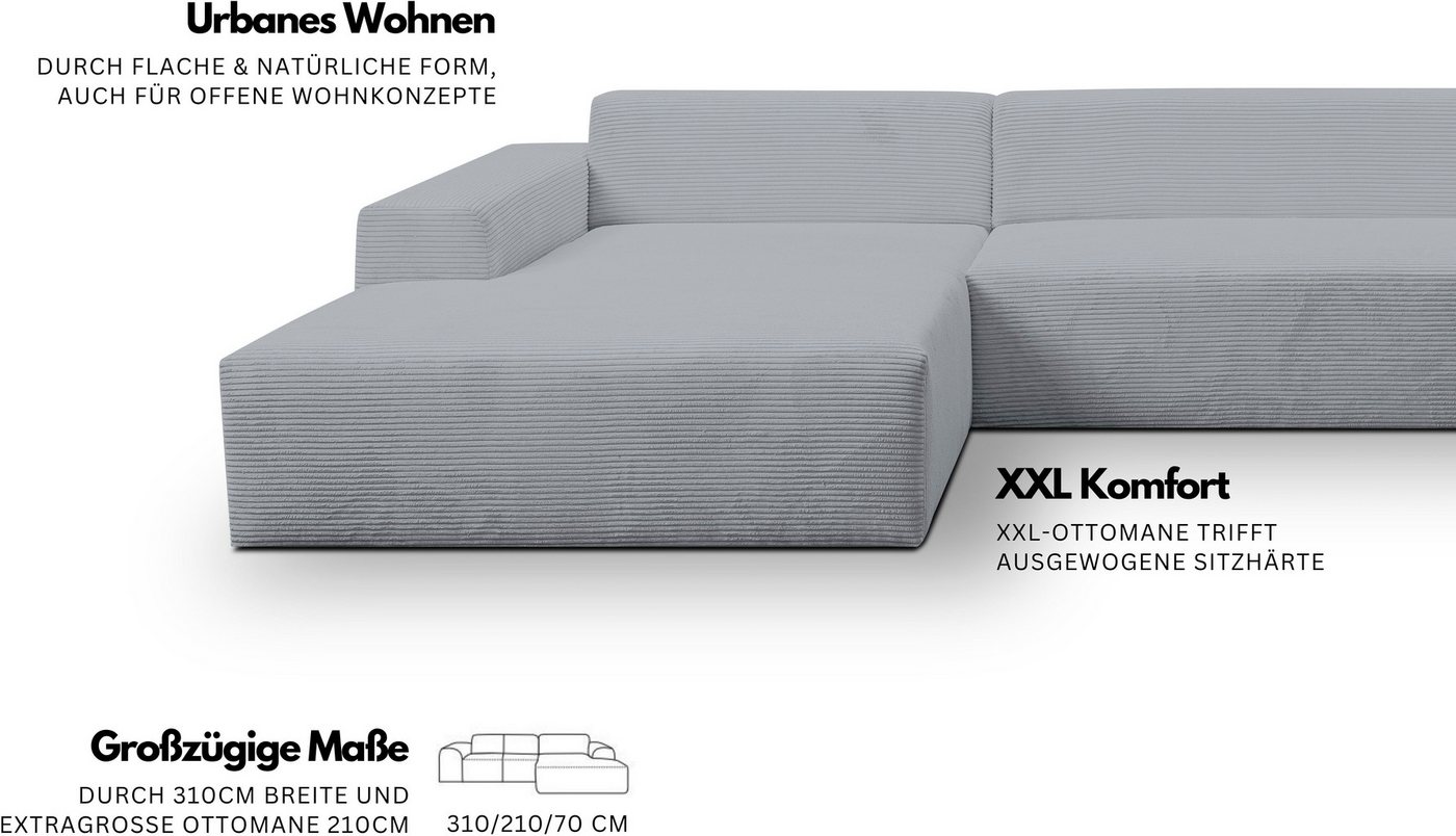 WERK2 Ecksofa Zeus-XL 311 cm breit, bequemes Mega-Sofa in L-Form, große Sitztiefe, Curvy-trend Cord Big-Sofa mit 210 cm XXL-Ottomane für 2 Personen – Bild 3 von 5