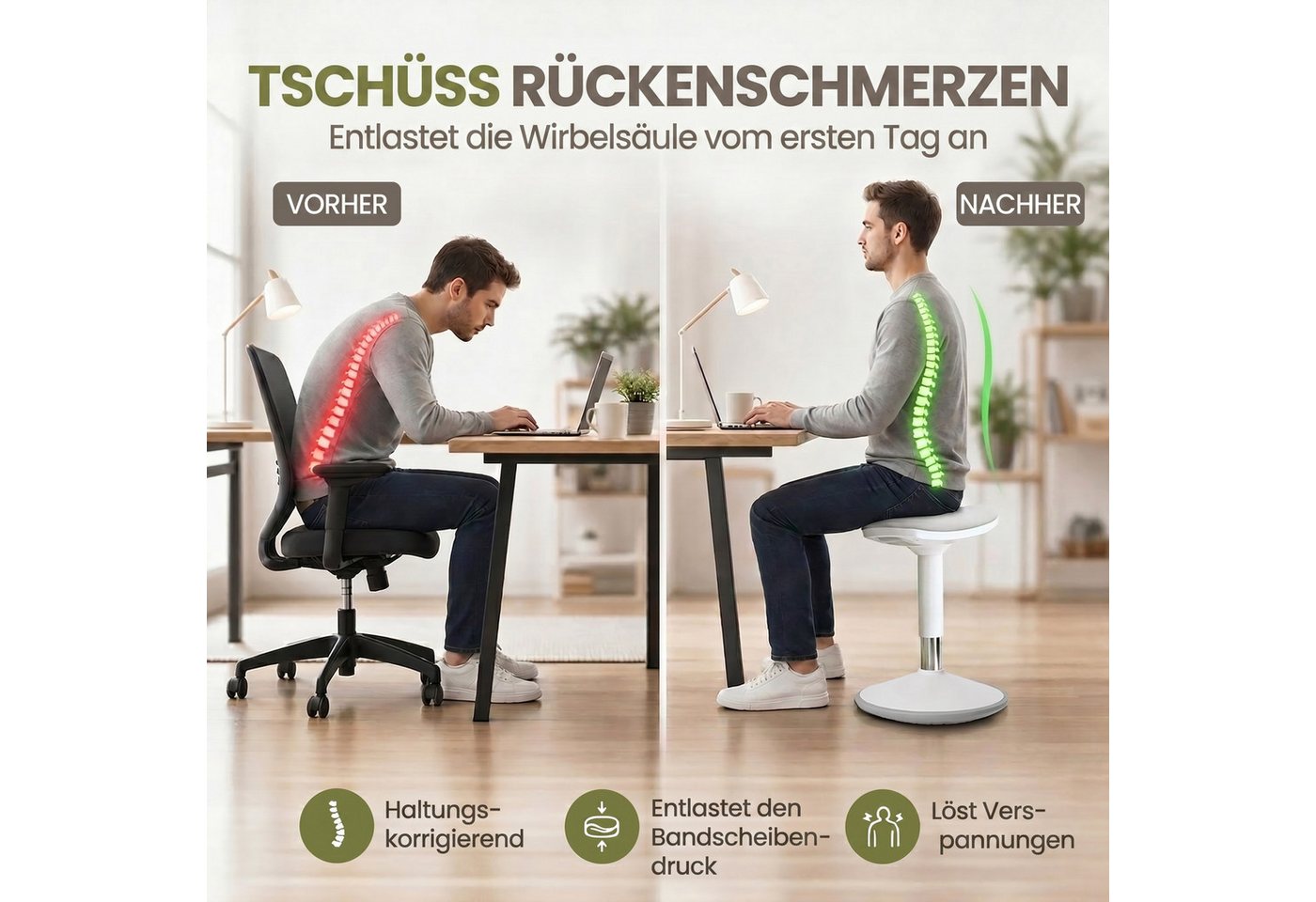 Werkfox Hocker Ergonomischer Schwinghocker höhenverstellbar für aktives Sitzen, Rutschfester Stehstuhl für Büro & Homeoffice – Bild 3 von 5