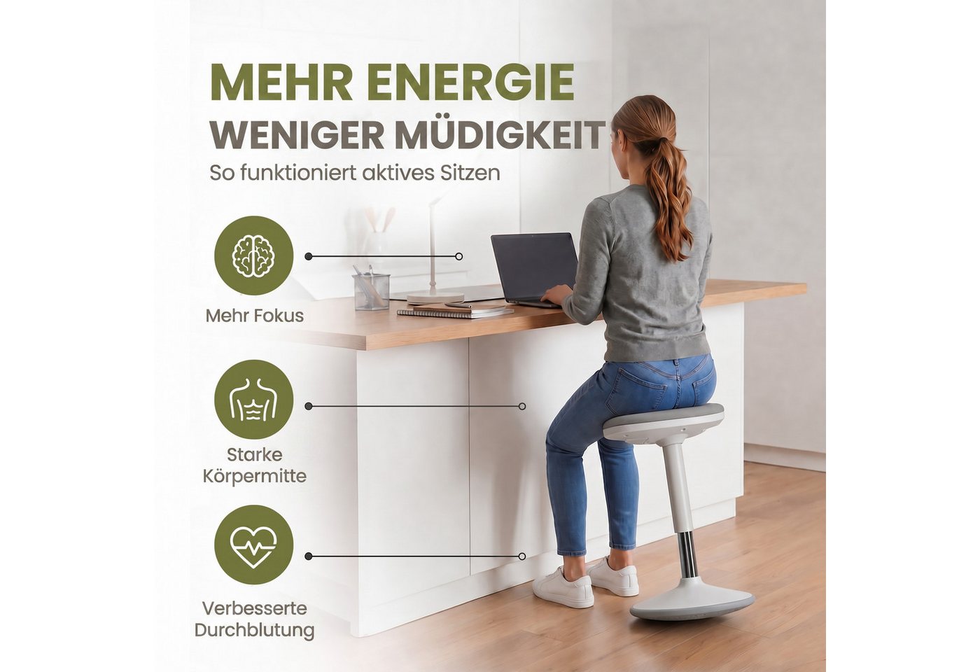 Werkfox Hocker Ergonomischer Schwinghocker höhenverstellbar für aktives Sitzen, Rutschfester Stehstuhl für Büro & Homeoffice – Bild 5 von 5