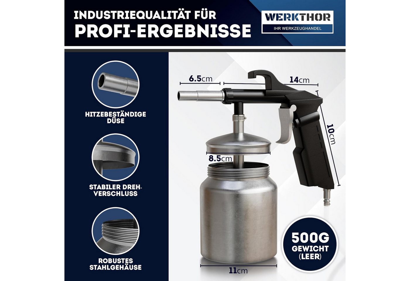 Werkthor Sandstrahlpistole Sandstrahlpistole Druckluft mit 1L Becher – Sandstrahlgerät 4-8 Bar – Bild 2 von 5