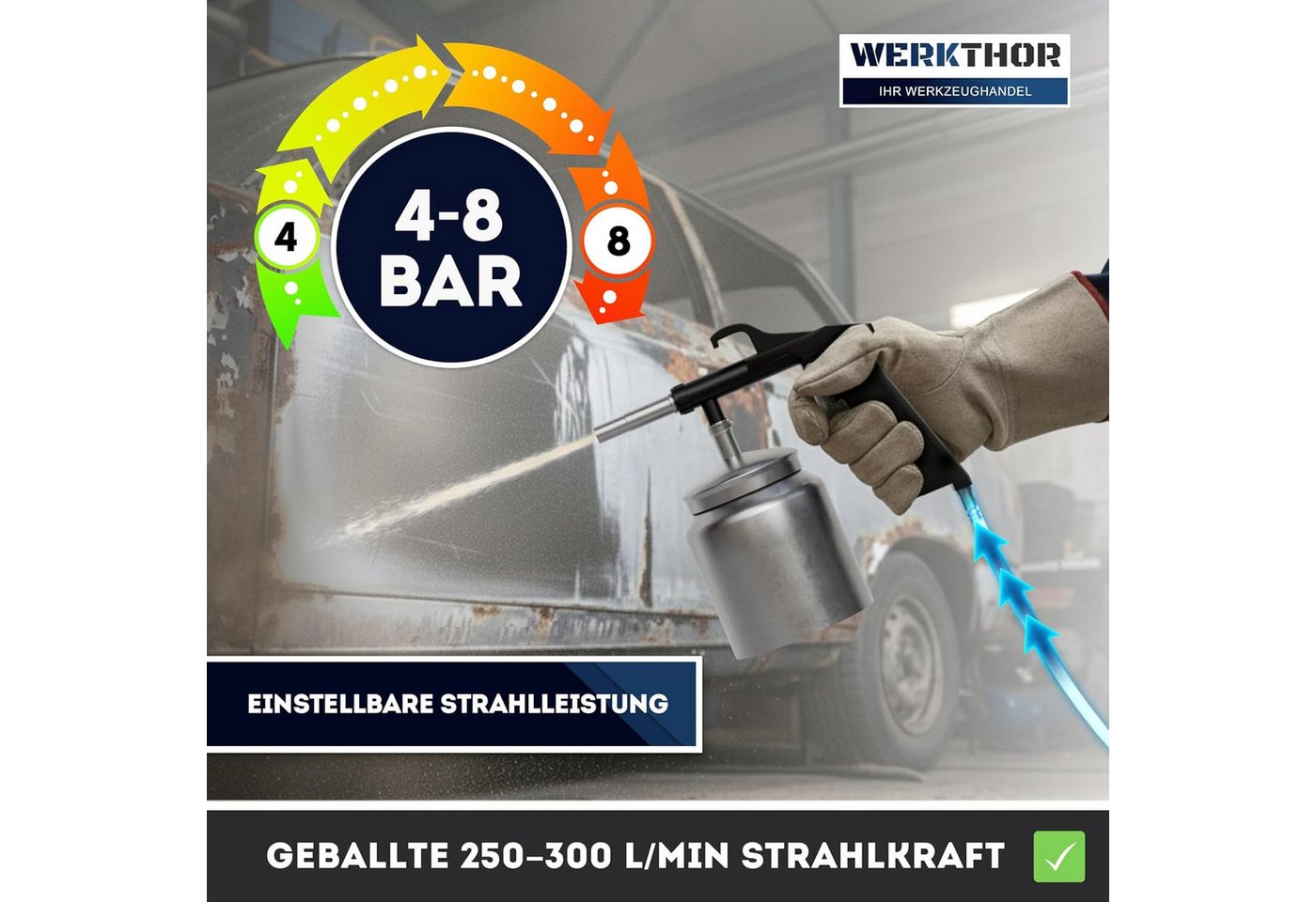 Werkthor Sandstrahlpistole Sandstrahlpistole Druckluft mit 1L Becher – Sandstrahlgerät 4-8 Bar – Bild 4 von 5