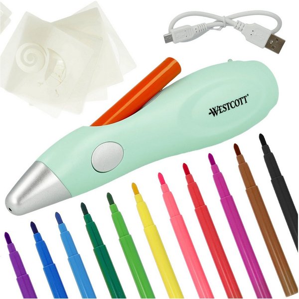 WESTCOTT Airbrushpistole Airbrush Set Kinder, Elektr. Farbsprühstift mit 12 Filzstiften, USB, inklusive 19 Schablonen