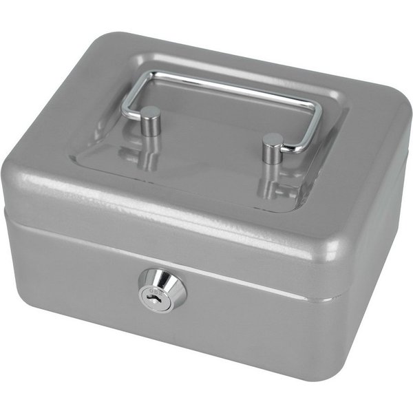 WESTCOTT Geldkassette abschließbar (kompakt, 15 cm) Silber, 2 Schlüssel, Hartgeldeinsatz, Herausnehmbare Einlage mit 6 Fächern