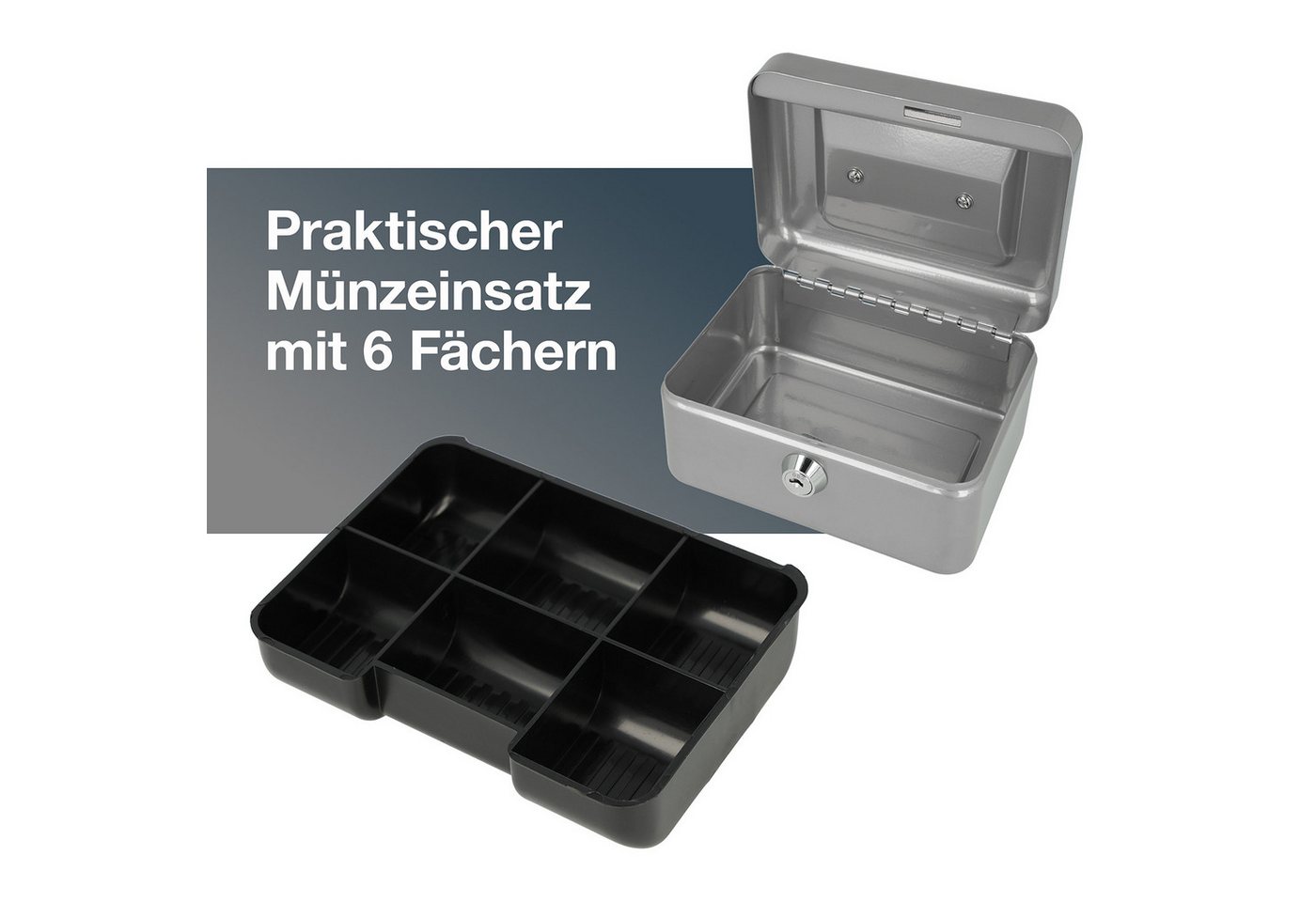 WESTCOTT Geldkassette abschließbar (kompakt, 15 cm) Silber, 2 Schlüssel, Hartgeldeinsatz, Herausnehmbare Einlage mit 6 Fächern – Bild 2 von 5