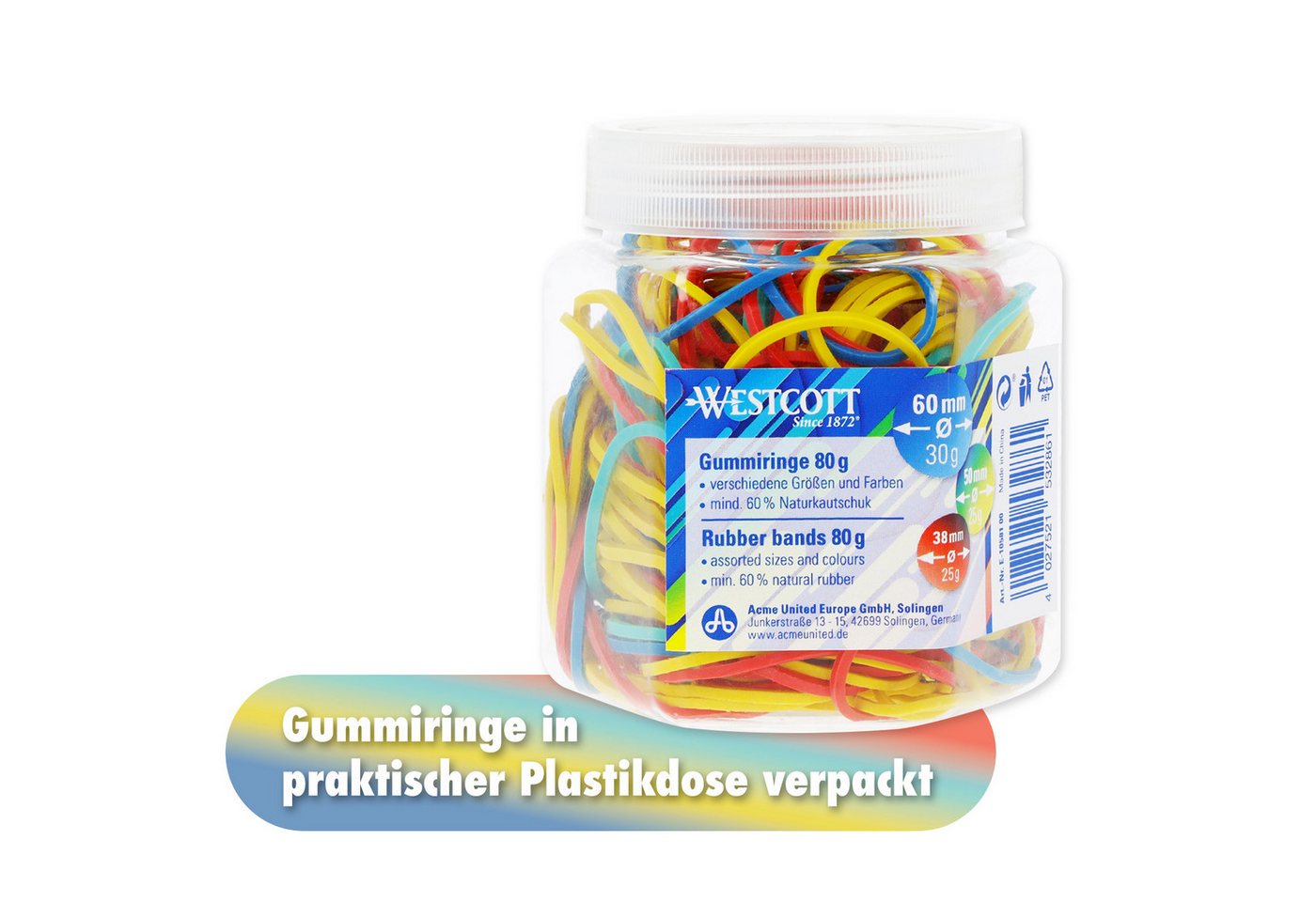 WESTCOTT Gummiband Gummibänder 80g, Bunte Gummiringe, Haushaltsgummis ⌀ 60mm, 50mm & 38mm, Mind. 60% Naturkautschuk – Bild 3 von 5