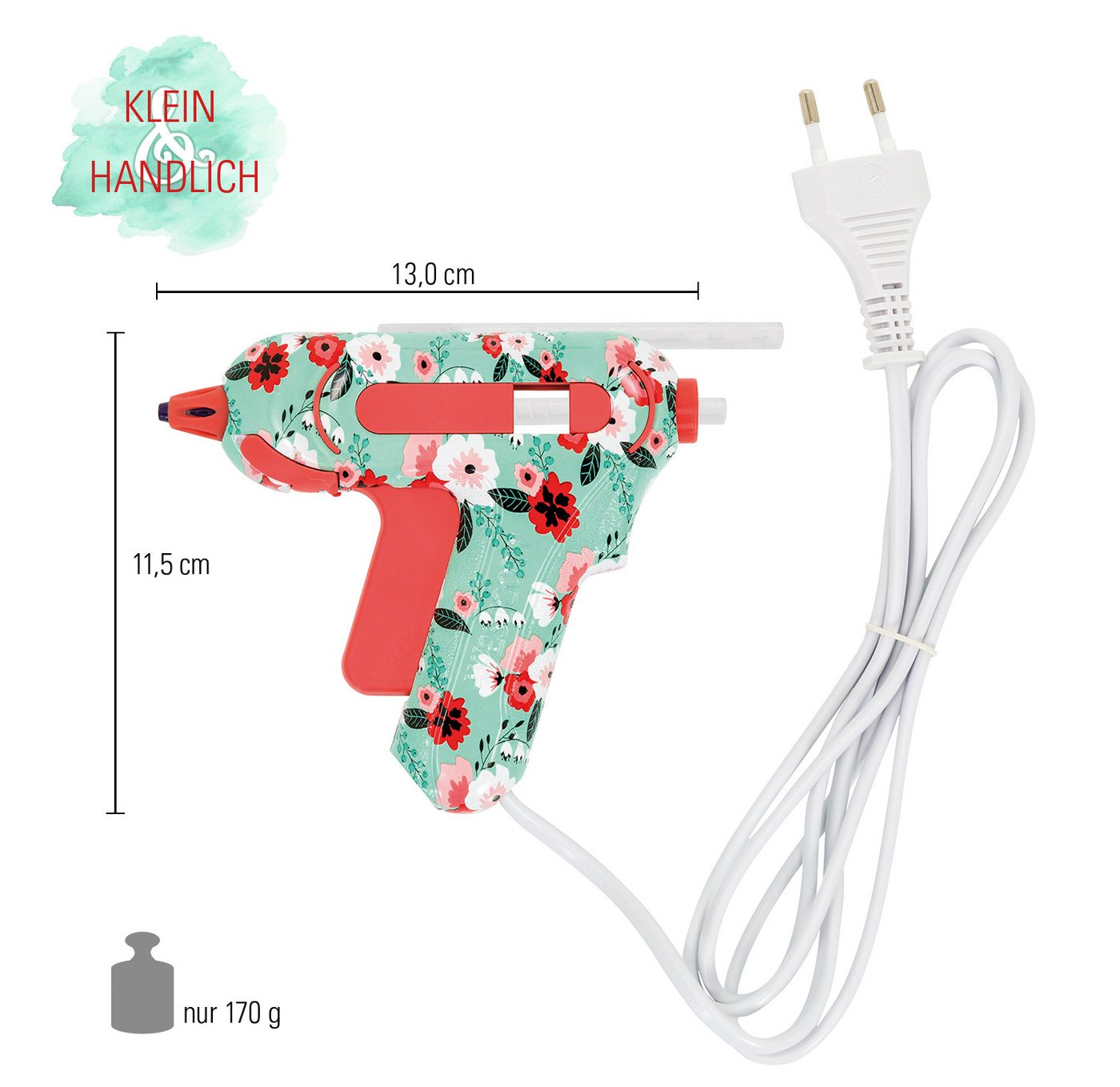 WESTCOTT Heißklebepistole Mini Floral, DIY Heißkleber inkl. 2 x Heißklebesticks, 1,4m Kabel, Non-Stick Düse mit Farbindikator – Bild 2 von 5