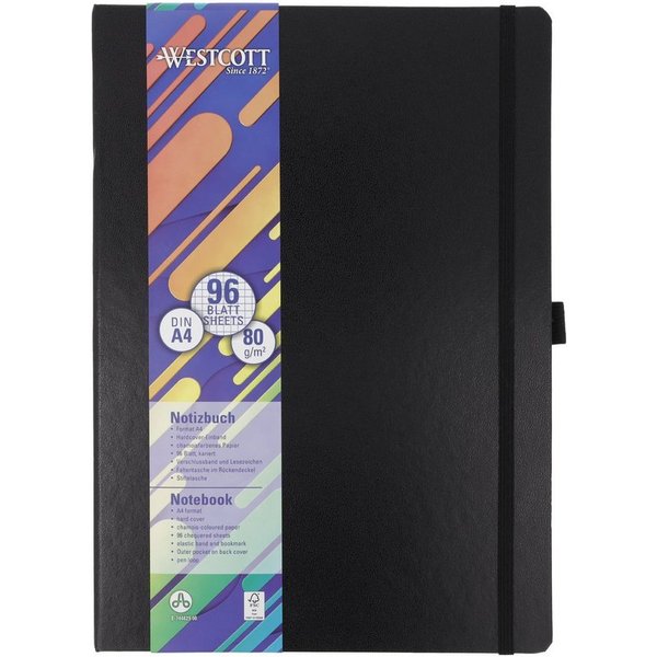 WESTCOTT Notizbuch DIN A4 kariert, 192 Seiten im Hardcover, 80 g/m² FSC Mix-Papier, mit Innentasche, Lesezeichen, Gummizug und Stifthalter