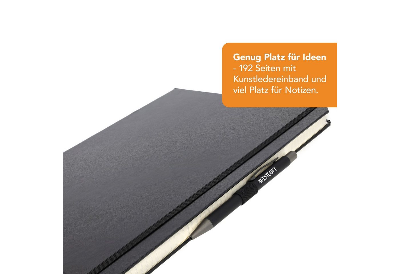 WESTCOTT Notizbuch DIN A4 kariert, 192 Seiten im Hardcover, 80 g/m² FSC Mix-Papier, mit Innentasche, Lesezeichen, Gummizug und Stifthalter – Bild 2 von 5