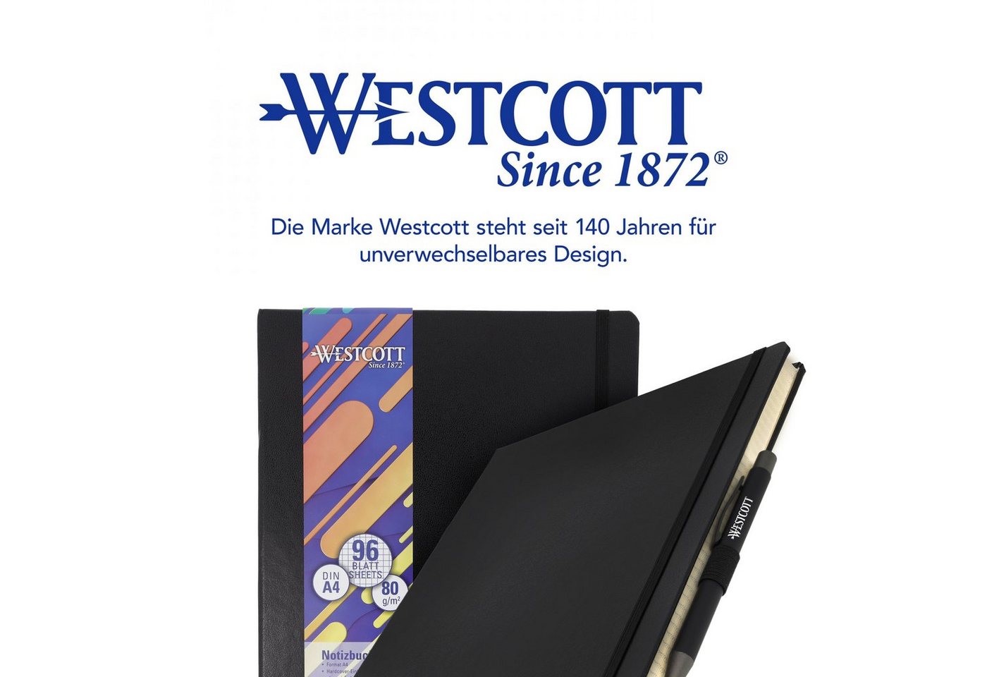WESTCOTT Notizbuch DIN A4 kariert, 192 Seiten im Hardcover, 80 g/m² FSC Mix-Papier, mit Innentasche, Lesezeichen, Gummizug und Stifthalter – Bild 5 von 5