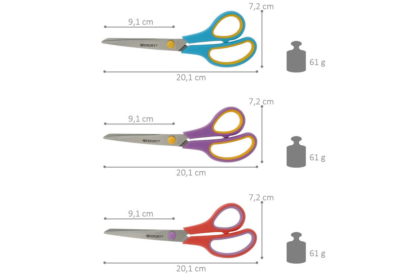 WESTCOTT Scheren-Set Easy Grip Scheren 3 Stück, Universalscheren 20,1cm mit Komfort-Griff, (Vorteilspack, 3-tlg), Extrascharfe & langlebige Edelstahlklinge – Bild 2 von 5