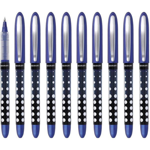 WESTCOTT Tintenroller Blau 10 Stück, Rollerball Pen mit blauer Tinte, 0,5 mm Strichstärke, (Vorteilspack, 10-tlg), transp. Füllstandsanzeige, Kapillartechnologi