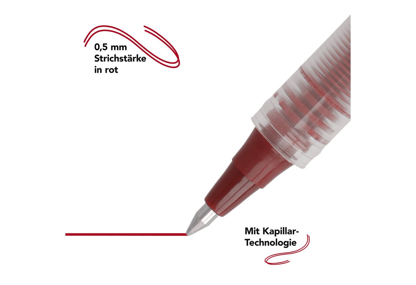 WESTCOTT Tintenroller Rot 10 Stück, Rollerball Pen mit roterTinte, 0,5 mm Strichstärke, (Vorteilspack, 10-tlg), transp. Füllstandsanzeige, Kapillartechnologie,  – Bild 3 von 5