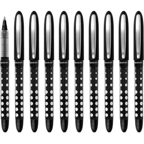 WESTCOTT Tintenroller Schwarz10 Stück, Rollerball Pen schwarze Tinte, 0,5 mm Strichstärke, (Vorteilspack, 10-tlg), transp. Füllstandsanzeige, Kapillartechnologi