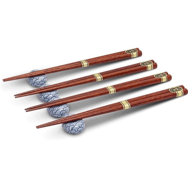 WestCraft Essstäbchen Essstäbchen Set Asiatica, 4 Paar Holz-Essstäbchen mit Keramik-Ablagen, Japan taditionell & Blue Waves, Hochwertiges Chopstick-Set für Sush