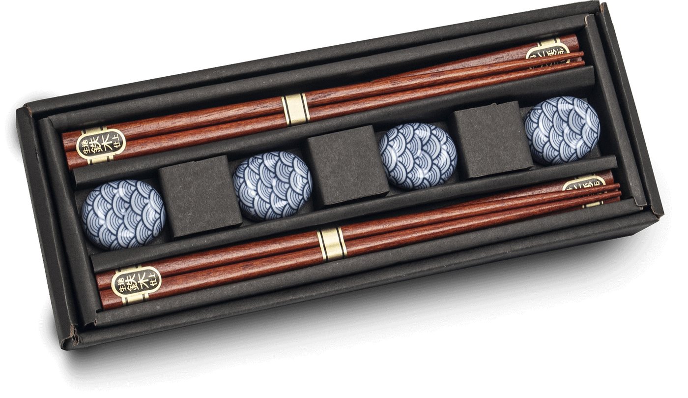 WestCraft Essstäbchen Essstäbchen Set Asiatica, 4 Paar Holz-Essstäbchen mit Keramik-Ablagen, Japan taditionell & Blue Waves, Hochwertiges Chopstick-Set für Sush – Bild 2 von 2