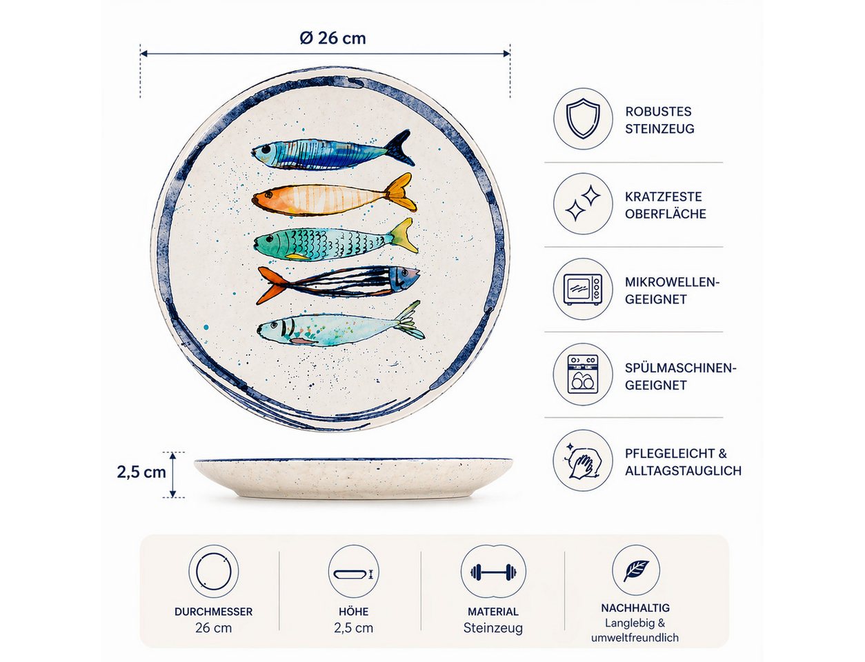 WestCraft Speiseteller Teller, mediterran mit Sardinen-Motiv, Maritime Speiseteller 26 cm, (4 St), 4er Set, hochwertig und robust - langlebig und vielseitig ein – Bild 3 von 5