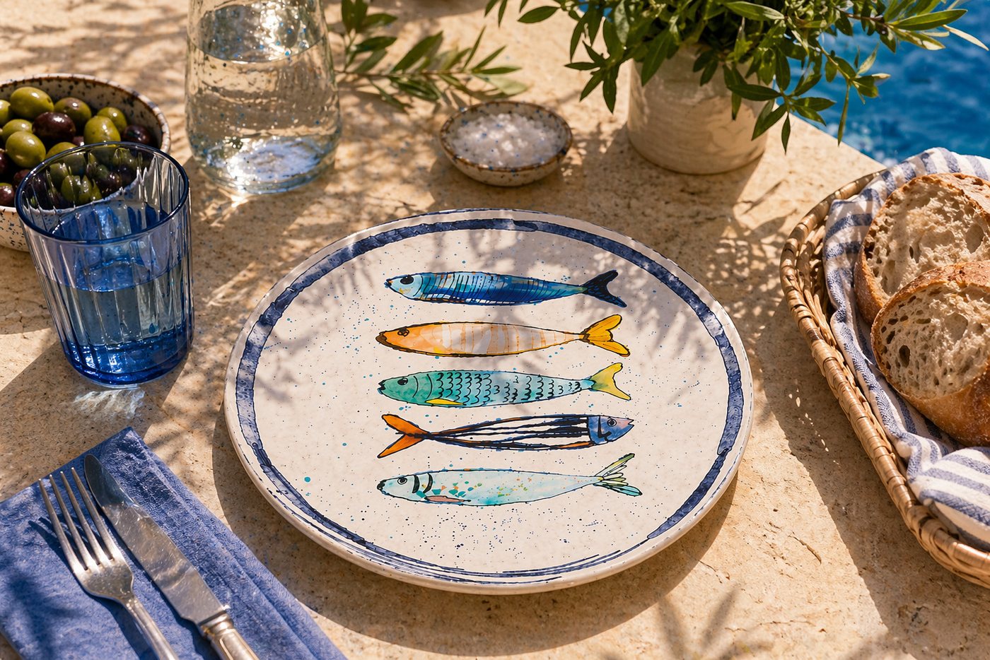 WestCraft Speiseteller Teller, mediterran mit Sardinen-Motiv, Maritime Speiseteller 26 cm, (4 St), 4er Set, hochwertig und robust - langlebig und vielseitig ein – Bild 5 von 5