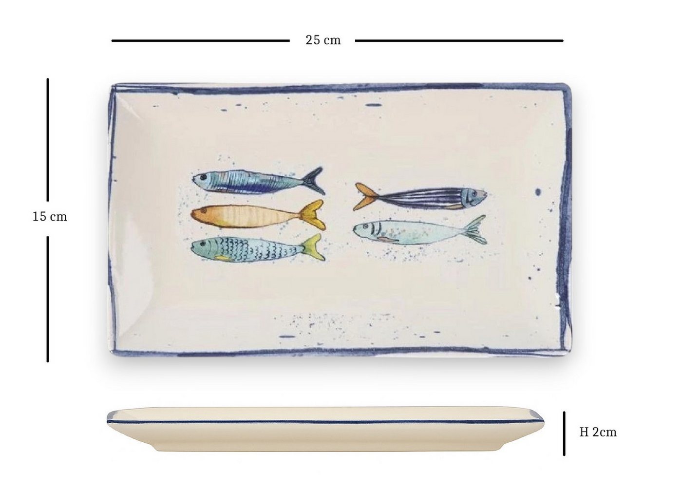 WestCraft Speiseteller Teller, mediterran mit Sardinen-Motiv, Maritime Servierplatte 25×15cm, (2 St), 2er Set, hochwertig und robust - langlebig und vielseitig  – Bild 2 von 4