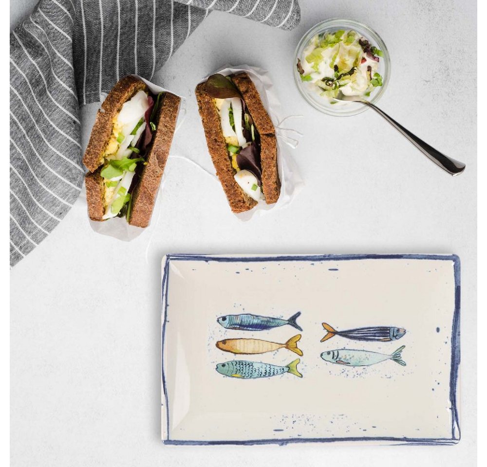WestCraft Speiseteller Teller, mediterran mit Sardinen-Motiv, Maritime Servierplatte 25×15cm, (2 St), 2er Set, hochwertig und robust - langlebig und vielseitig  – Bild 4 von 4