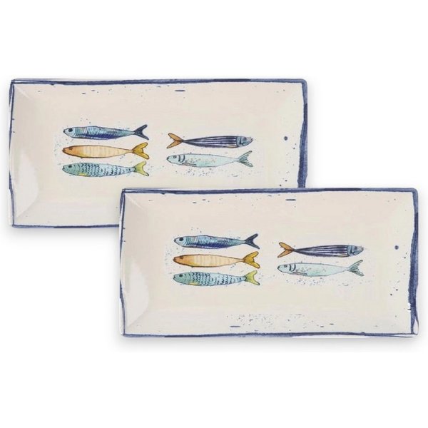 WestCraft Speiseteller Teller, mediterran mit Sardinen-Motiv, Maritime Servierplatte 30×15cm, (2 St), 2er Set, hochwertig und robust - langlebig und vielseitig 