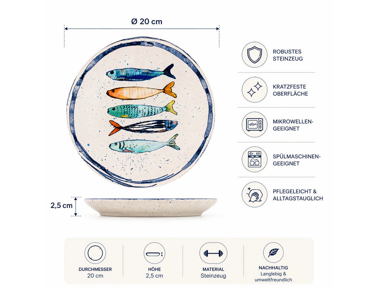 WestCraft Speiseteller Teller, mediterran mit Sardinen-Motiv, Maritime Dessertteller 20 cm, (4 St), 4er Set, hochwertig und robust - langlebig und vielseitig ei – Bild 3 von 5