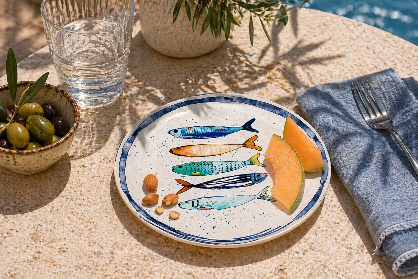 WestCraft Speiseteller Teller, mediterran mit Sardinen-Motiv, Maritime Dessertteller 20 cm, (4 St), 4er Set, hochwertig und robust - langlebig und vielseitig ei – Bild 4 von 5