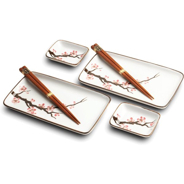 WestCraft Sushiteller SUSHI TELLER SET, Sushi Geschirr Set, Mehrteiliges Sushi-Set Sakura, (6 St), 2 Personen Sushi-Teller, Schalen und Essstäbchen in versch. F