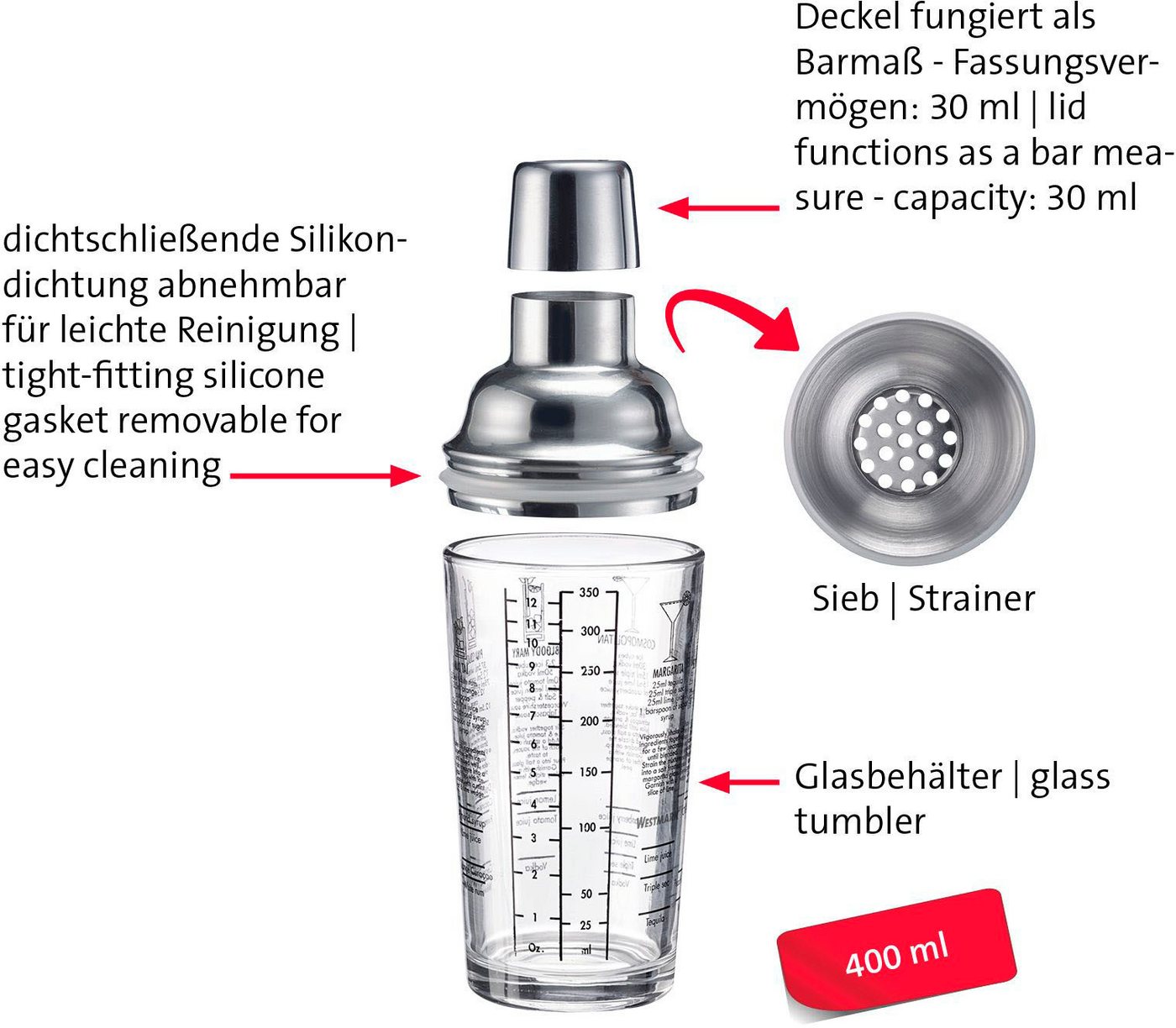 WESTMARK Cocktail Shaker Sam, Glas, 400 ml – Bild 5 von 5