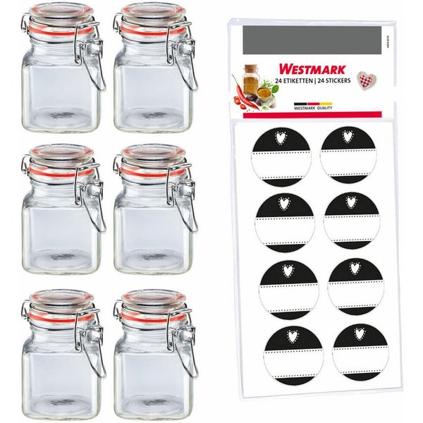 WESTMARK Einmachglas 6 Drahtbügelgläser, 100 ml + 8 Dekoetiketten, Glas, Silikon, Edelstahl, Papier