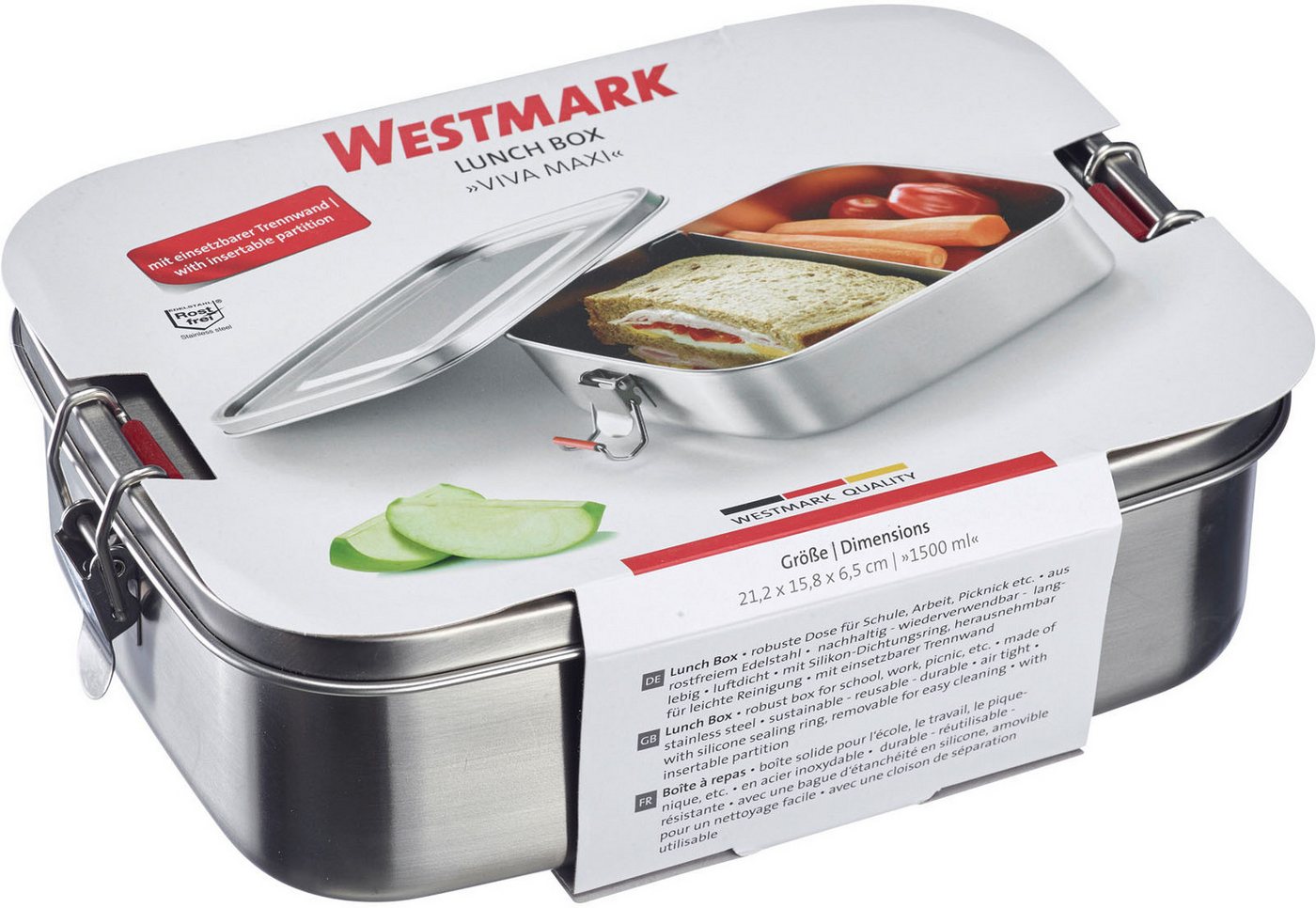 WESTMARK Lunchbox Lunchbox »Viva Maxi«, 1500 ml, Edelstahl 18/8, Silikon, (1-tlg), mit Silikon-Dichtungsring, einsetzbare Trennwand, rostfreier Edelstahl – Bild 4 von 5