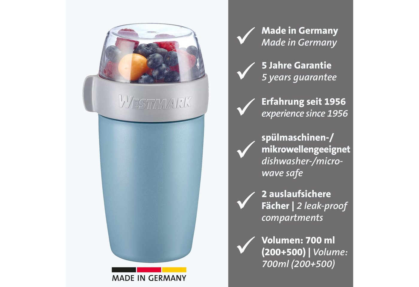 WESTMARK Mehrwegbecher, Kunststoff, (1-tlg), Joghurt-, Müsli-, Lunchbehälter, To Go, 200 + 500 ml, Made in Germany – Bild 2 von 5