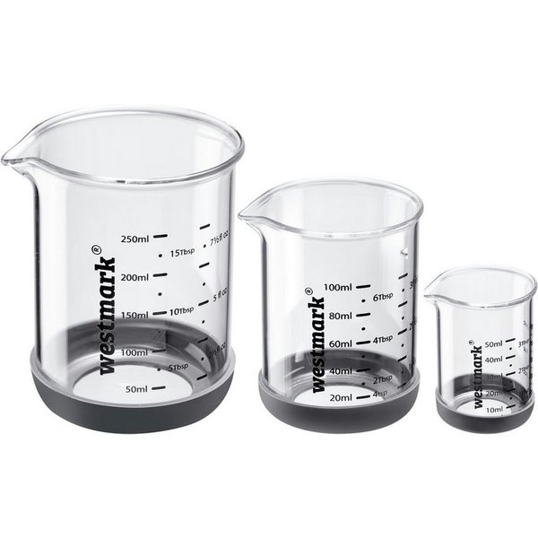 WESTMARK Messbecher Messglas-Set, 3tlg., 50, 100, 250 ml, Borosilikatglas, Silikon, (Set, 3-St), Skalen in ml, Tbsp, tsp und fl oz