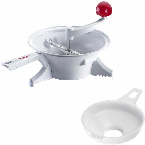 WESTMARK Passiersieb Einkoch-Set, 1 Passiermaschine mit 2 Lochscheiben + 1 Marmeladen-Trich, ABS, Edelstahl, PP