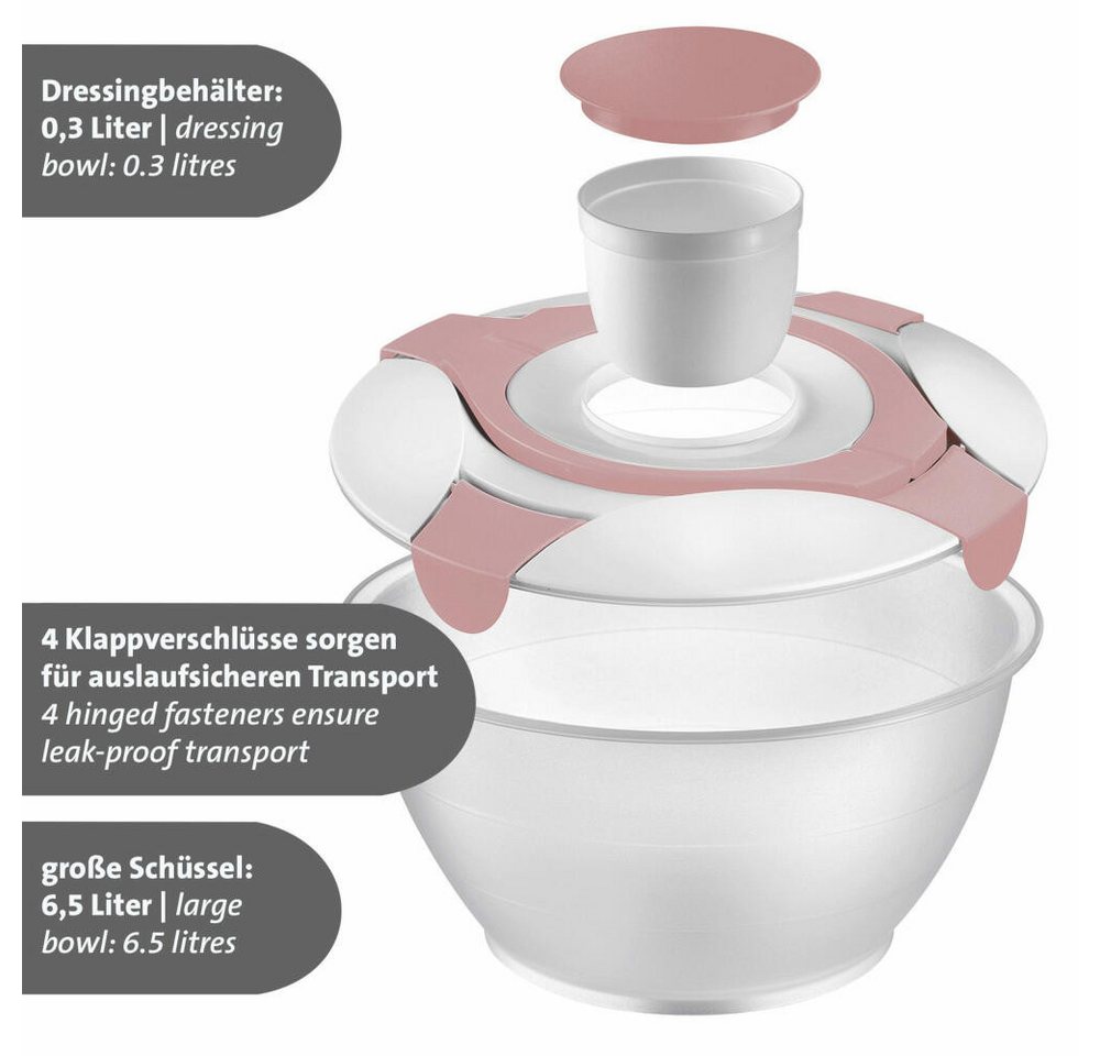 WESTMARK Salatschüssel mit Dressing-Behälter, Fassungsvermögen: 6,5 Liter, Salatbutler, Rosa, Kunststoff: PP, PE, spülmaschinengeeignet, Made in Germany, mit Dr – Bild 5 von 5