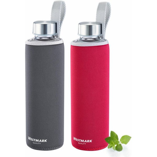 WESTMARK Trinkflasche 2 Stk., aus Glas mit Aufdruck, inkl. Schutzhülle, je 550 ml, Viva