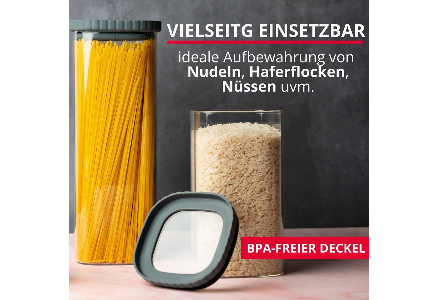 WESTMARK Vorratsdose aus Glas mit Silikondeckel, eckig, stapelbar, 1500 ml, Borosilikatglas, Silikon – Bild 3 von 5