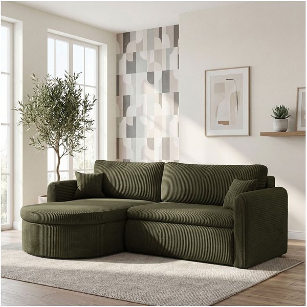 WFL GROUP Ecksofa Cora L-Form Universell 4-Sitzer – mit Schlaffunktion & Stauraum, Rechts oder Links Montierbar, Schlaffläche 220 x 122 cm, Boucle oder Cordstof