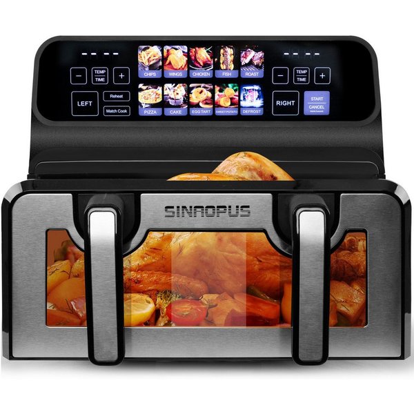WHEELYOU Heißluftfritteuse 9L, 2200W Doppelkammer-Airfryer mit Sichtfenster, Touchdisplay & 10 Programmen, 2200 W, XXL Airfryer mit Doppel-/Einzelkammer, 360° H