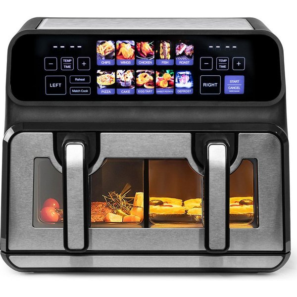 WHEELYOU Heißluftfritteuse 9L, 2200W Doppelkammer-Airfryer mit Farb-LED, Sichtfenster & 10 Programmen, 2200 W, 9L Airfryer mit 2×4,5L Körben, 50–200 °C, Timer &
