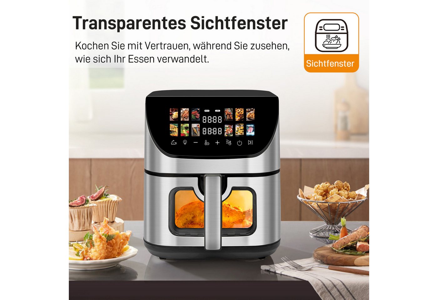 WHEELYOU Heißluftfritteuse 9L XXL, 1800W Airfryer mit LED-Farbdisplay, Sichtfenster & 12 Programmen, 1800 W, Großer Airfryer für fettarmes Kochen mit Touchscree – Bild 2 von 5