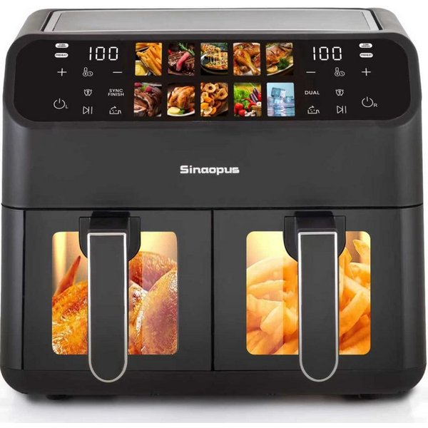 WHEELYOU Heißluftfritteuse 9L XXL, Dual Airfryer 2000W mit LED-Display, Sichtfenster & 10 Programmen, 2000 W, Doppelkammer-Airfryer mit LED-Display, Sichtfenste