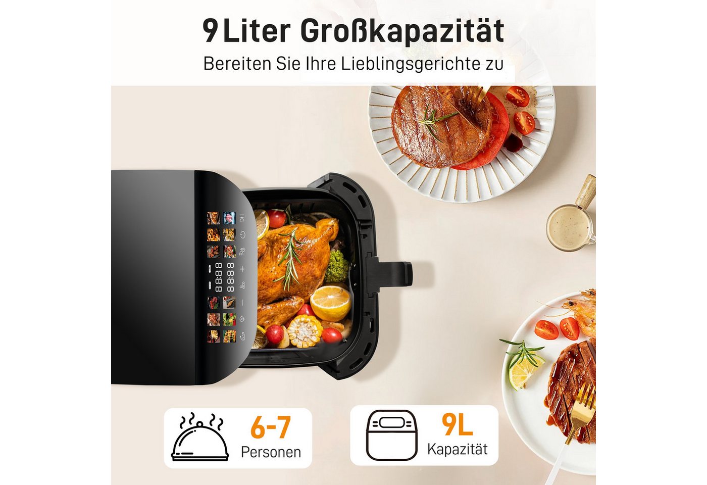 WHEELYOU Heißluftfritteuse 9L XXL, 1800W Airfryer mit LED-Farbdisplay, Sichtfenster & 12 Programmen, 1800 W, Großer 9L Airfryer mit Touchscreen, Timer, Antihaft – Bild 4 von 5