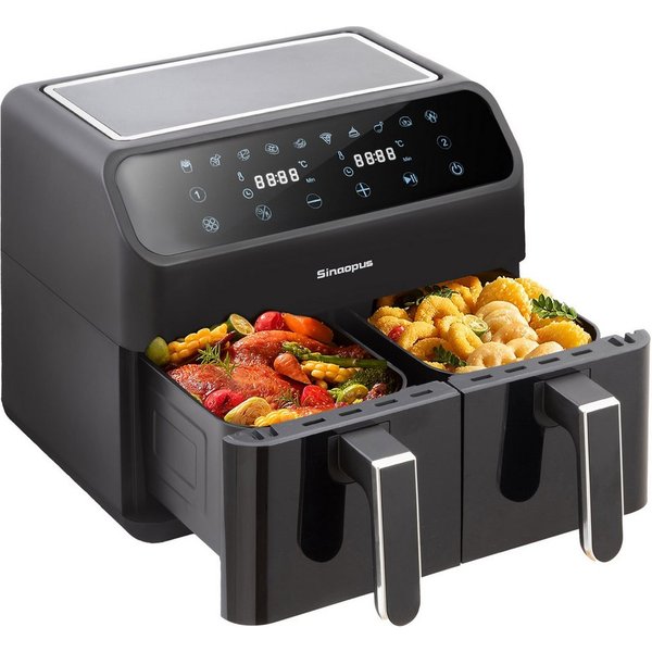 WHEELYOU Heißluftfritteuse 9L XXL, Dual Airfryer 2000W mit LED-Display, Sichtfenster & 10 Programmen, 2000 W, Doppelkammer-Airfryer mit LED-Display, Sichtfenste