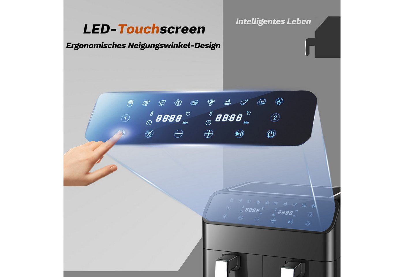 WHEELYOU Heißluftfritteuse 9L XXL, Dual Airfryer 2000W mit LED-Display, Sichtfenster & 10 Programmen, 2000 W, Doppelkammer-Airfryer mit LED-Display, Sichtfenste – Bild 5 von 5