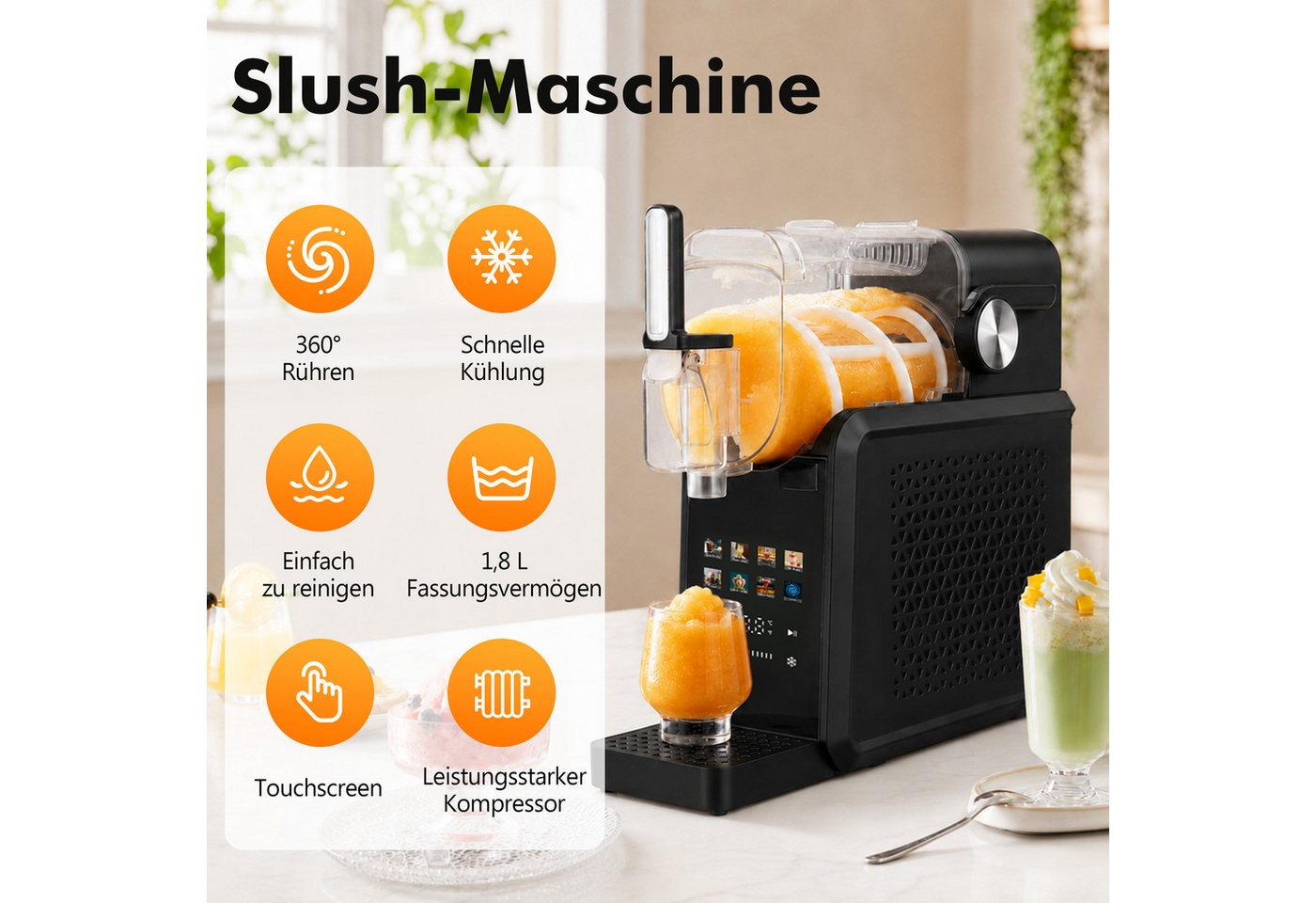 WHEELYOU Slush-Eismaschine Slush Maker 8-in-1, Selbstreinigung, ohne Eiswürfel, Touch-Bedienfeld, 1,8 l, 200 W, Kompressorkühlung, Ca. 15–60 Min. Zubereitung, 1 – Bild 2 von 5
