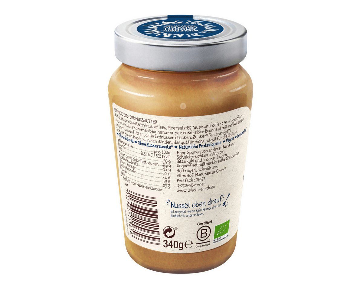 Whole Earth Nussaufstrich, Whole Earth Bio Peanut Butter Creamy Erdnussbutter Packung 340g – Bild 2 von 3