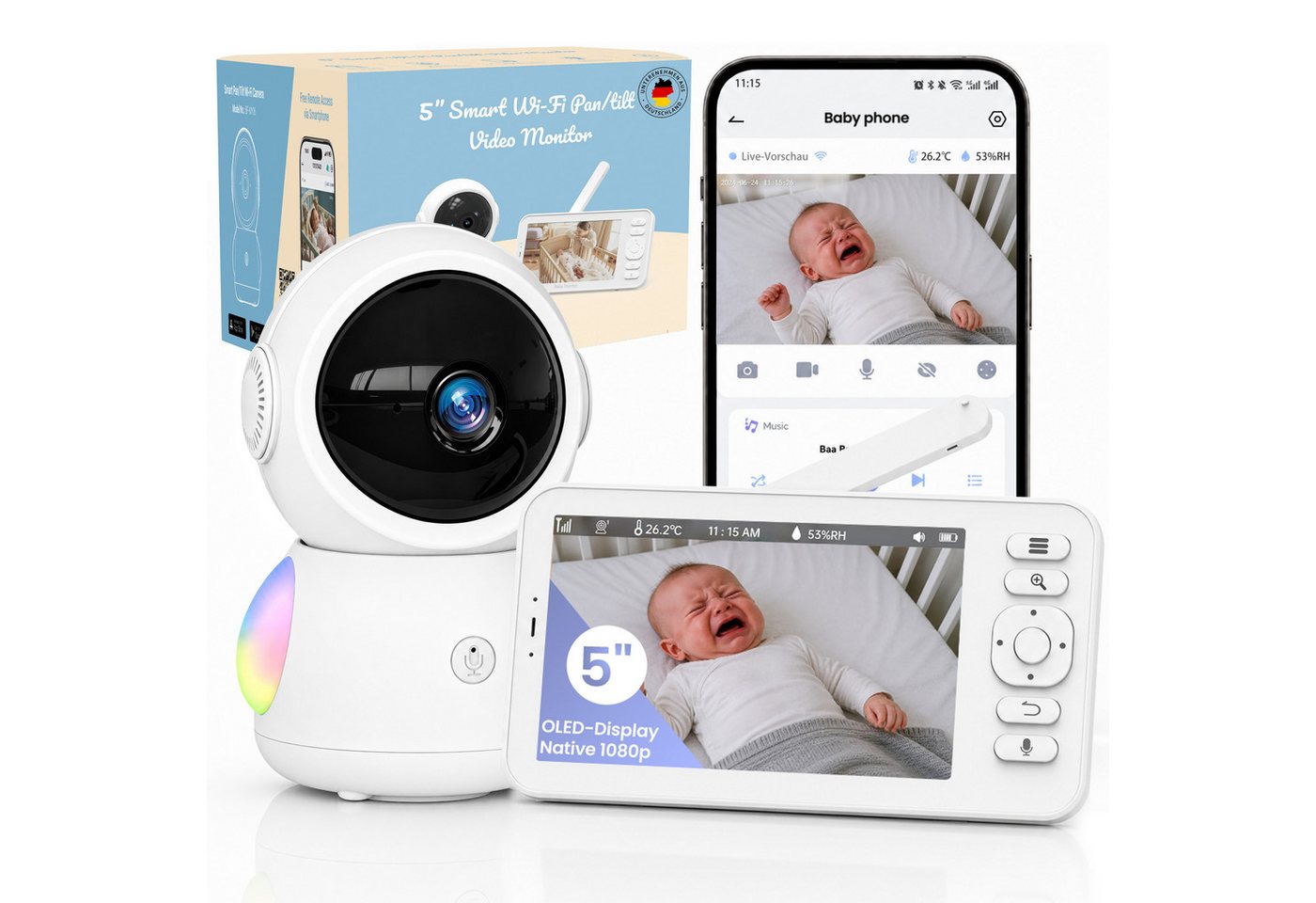 Whraills Babyphone Babyphone mit 3K 5MP Kamera, 5 Zoll 1080P OLED, Nachtsicht und App, Gegensprechfunktion, Schlaflieder, Schallerkennung, Datenschutz, Weinen-E – Bild 2 von 5